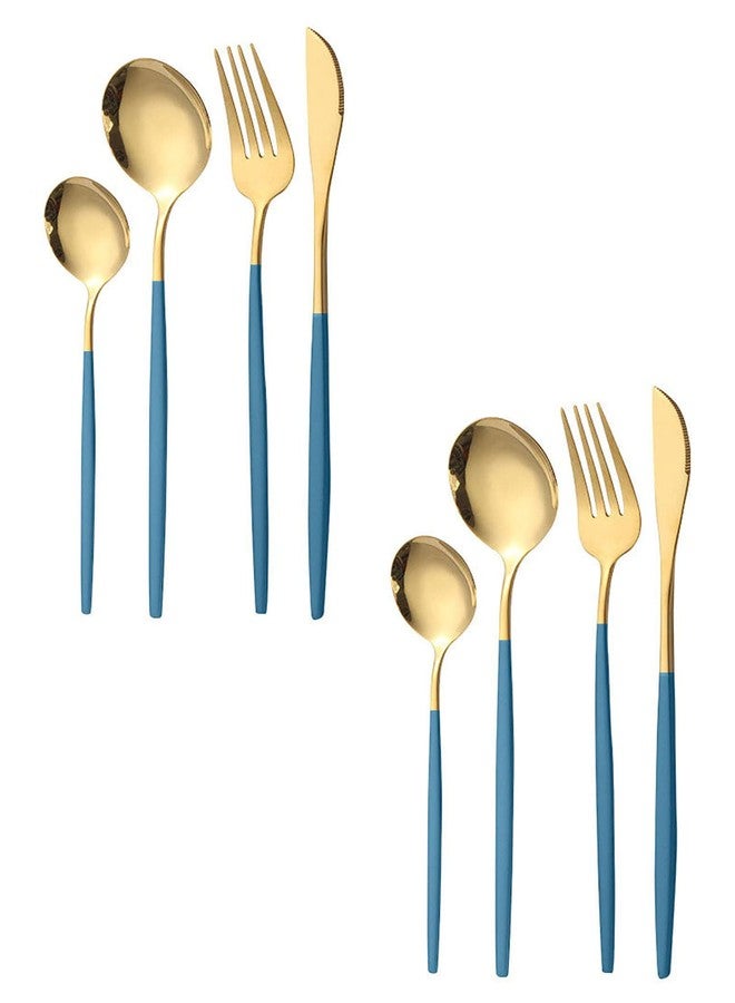 Trifecta Gold Flatware Royal 8 Pieces Matte Handle 18/10 Stainless Steel Tableware Sets for 4 Including Forks Spoons Knives, Camping Silverware Travel Utensils Set Cutlery(Blue, Set of 8) - Image 1
